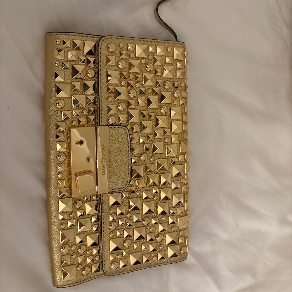 Michael Kors Leather Gold Studded Gia Clutch